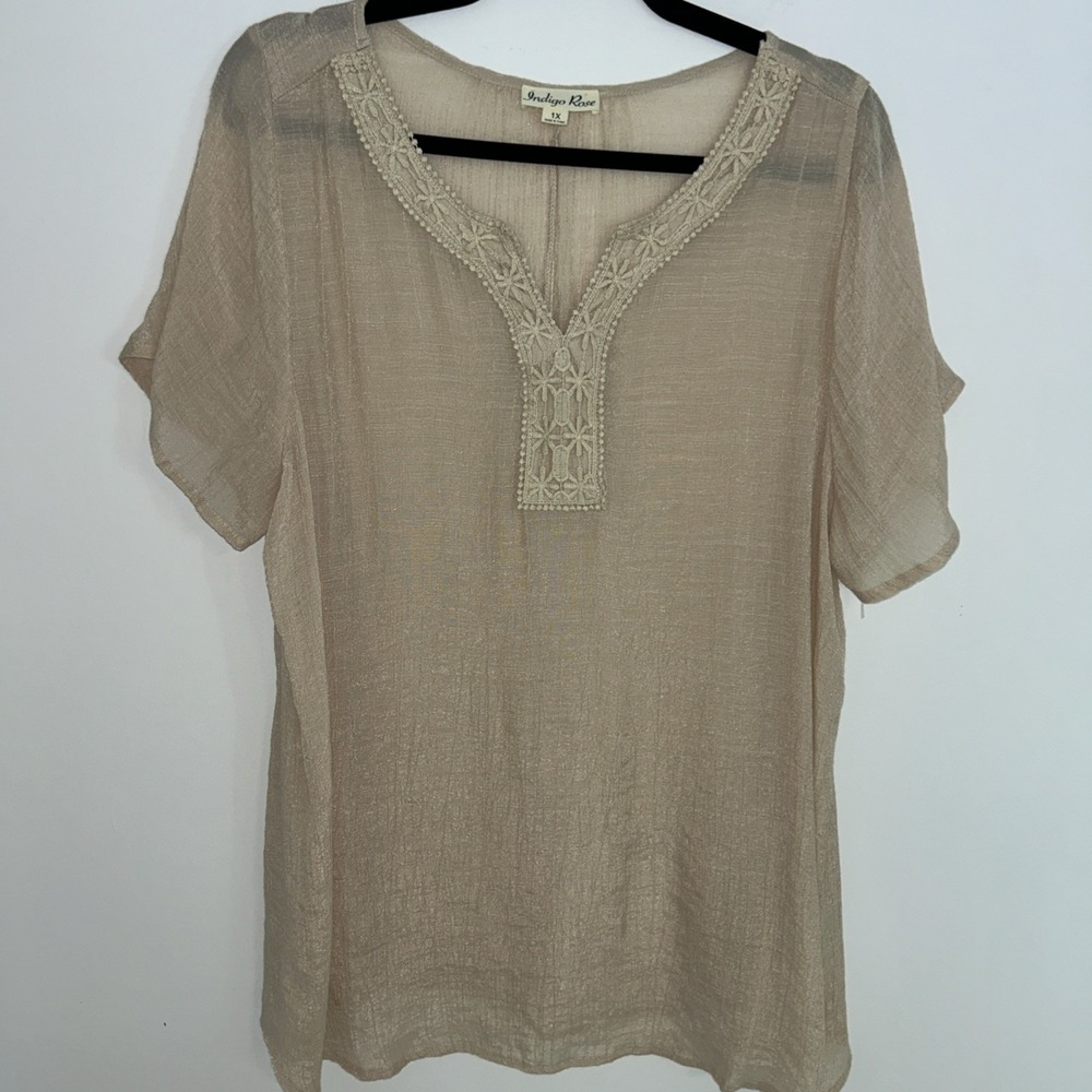 Indigo Rose 1X V-Neck Crochet Short Sleeve Boho beige Blouse
